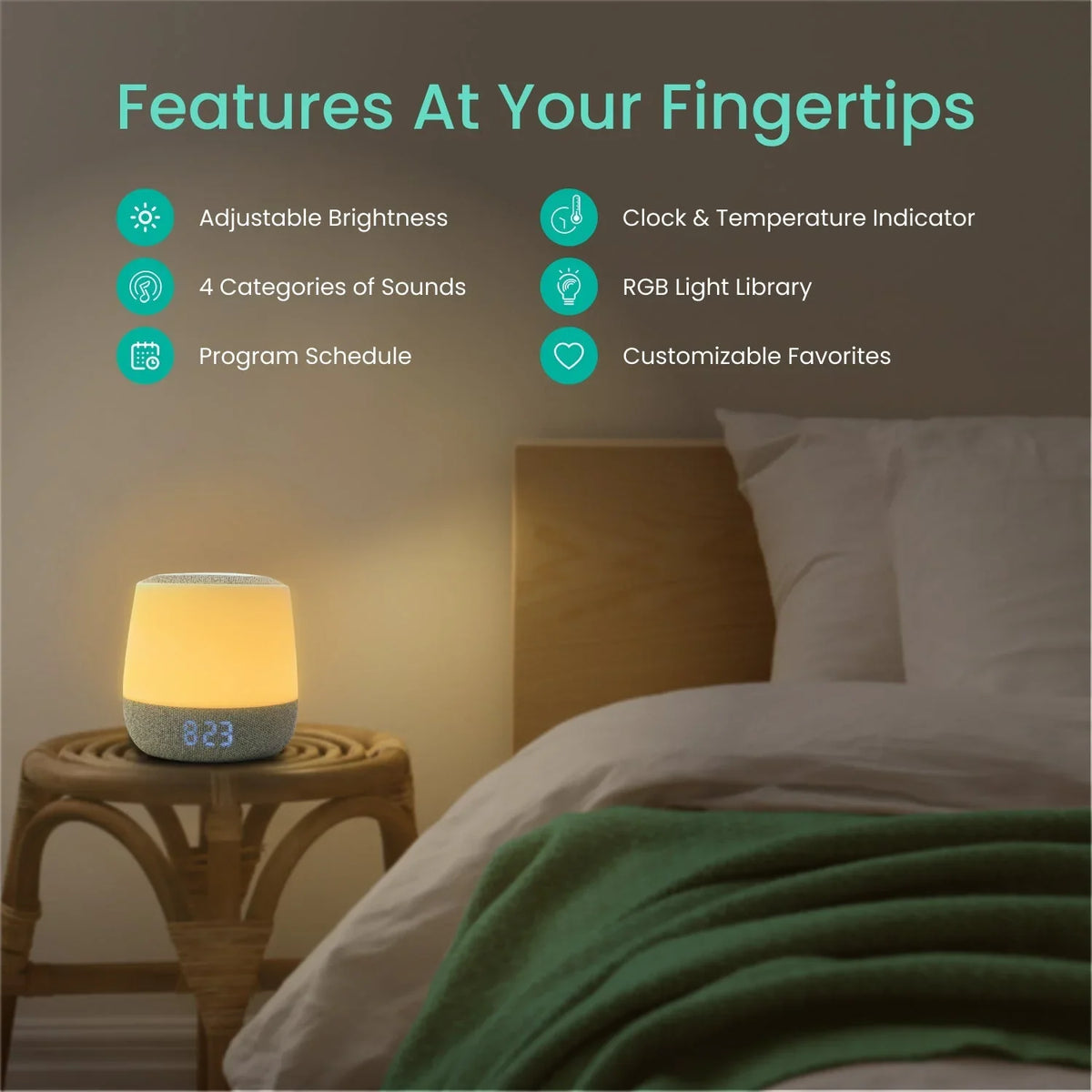 The Babysense Dreamer 2.0 & Pro offers adjustable brightness, sound categories, program scheduling, and customizable favorites, shown here as a glowing baby sleep monitor on a bedside table