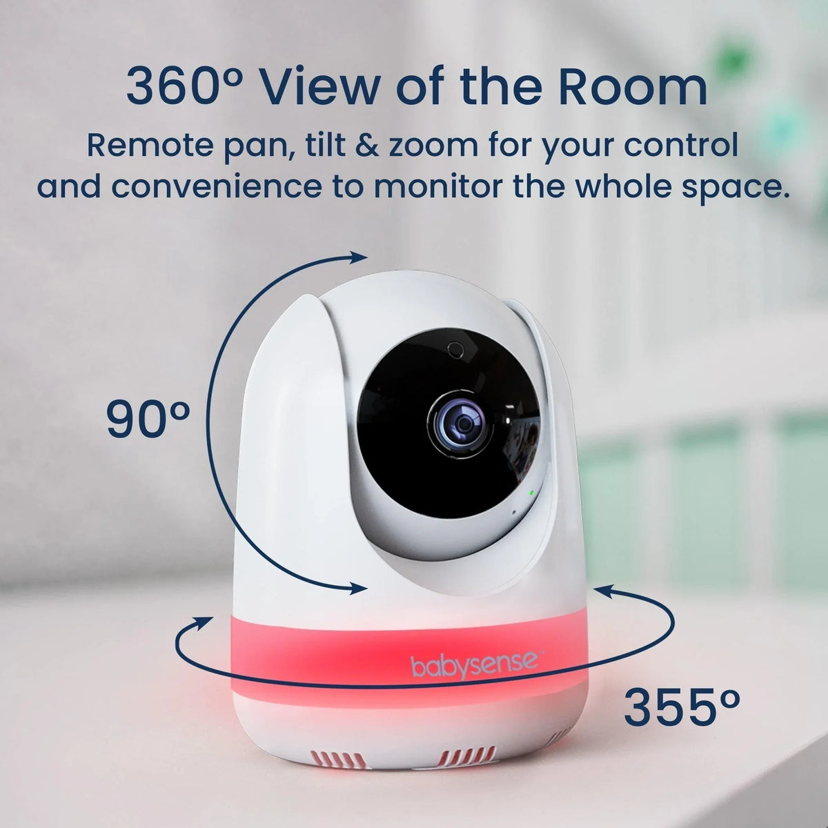 A white Babysense Dreamer 2.0 & Pro baby sleep monitor with a black camera lens and a red illuminated base pans 355 degrees horizontally and tilts 90 degrees vertically, showcasing its 360-degree room view functionality