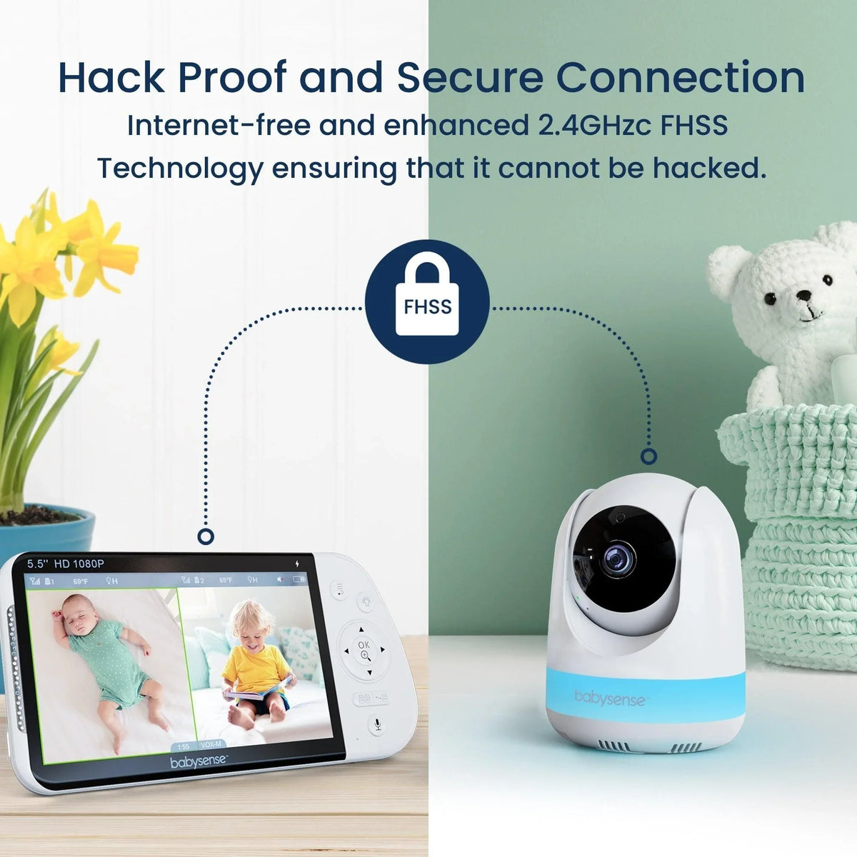 A Babysense Dreamer 2.0 & Pro complete baby sleep monitor shows live feeds of two babies on its 5.5" HD 1080P screen with a wireless baby monitors full HD camera that advertises hack-proof FHSS technology