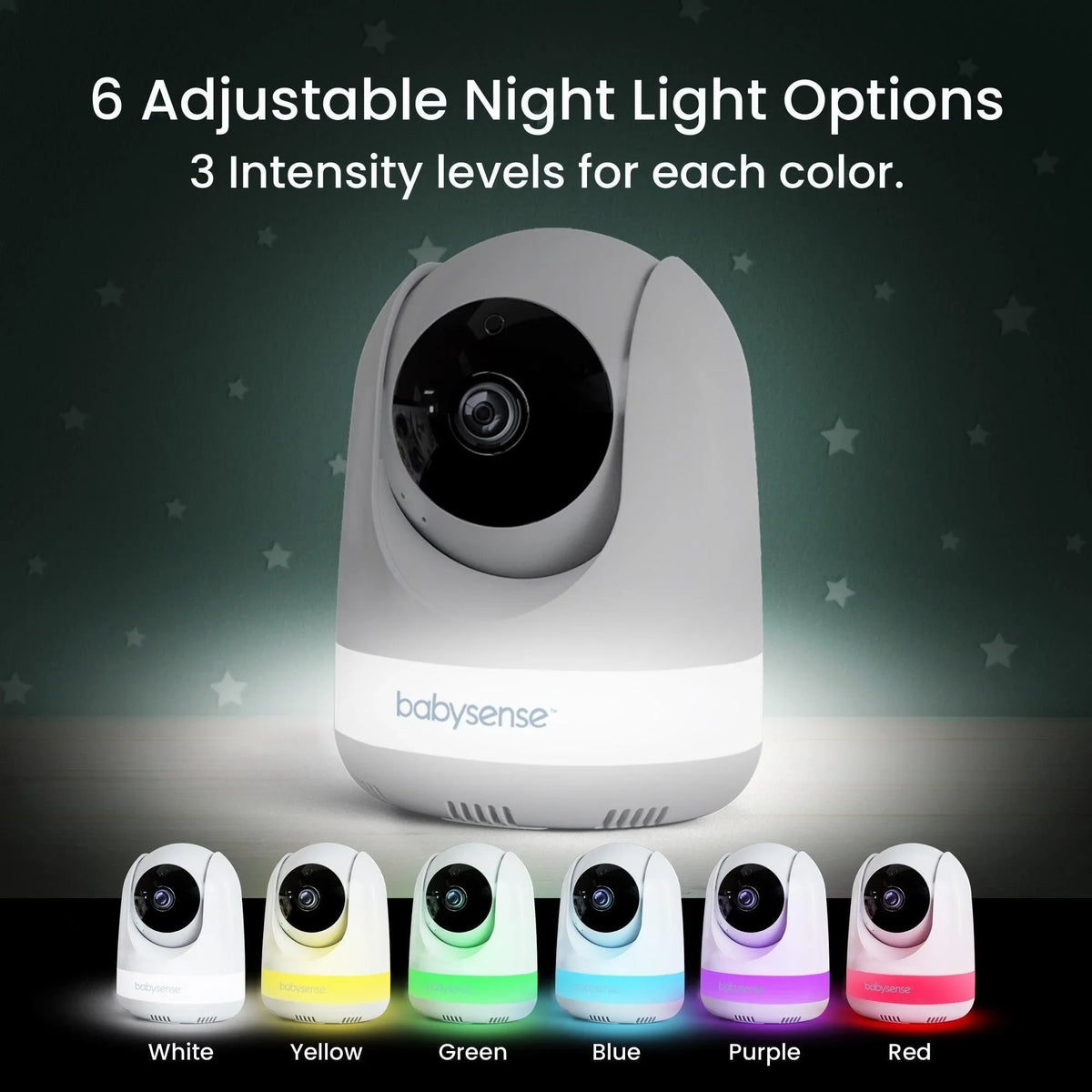 The Babysense Dreamer 2.0 & Pro complete baby monitoring solution displays 6 adjustable night light options in different colors and intensities, serving as a versatile baby sleep monitor
