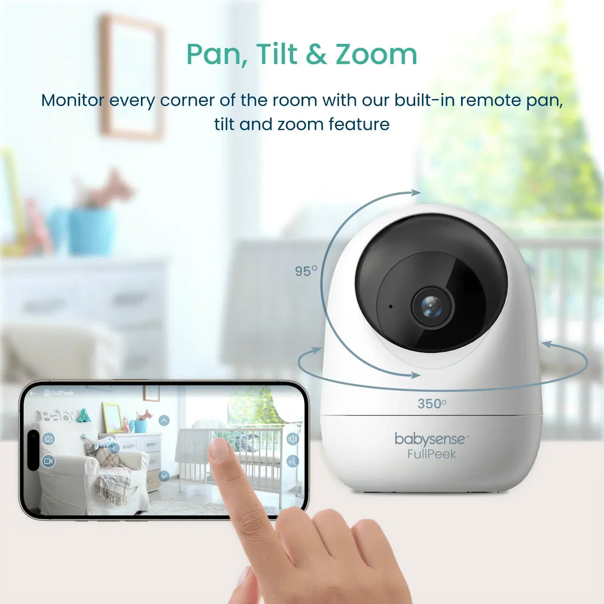 The Babysense FullPeek Smart WiFi Baby Monitor, a white camera, is shown panning 350° and tilting 95°, with a finger operating a wifi baby monitor app on a smartphone