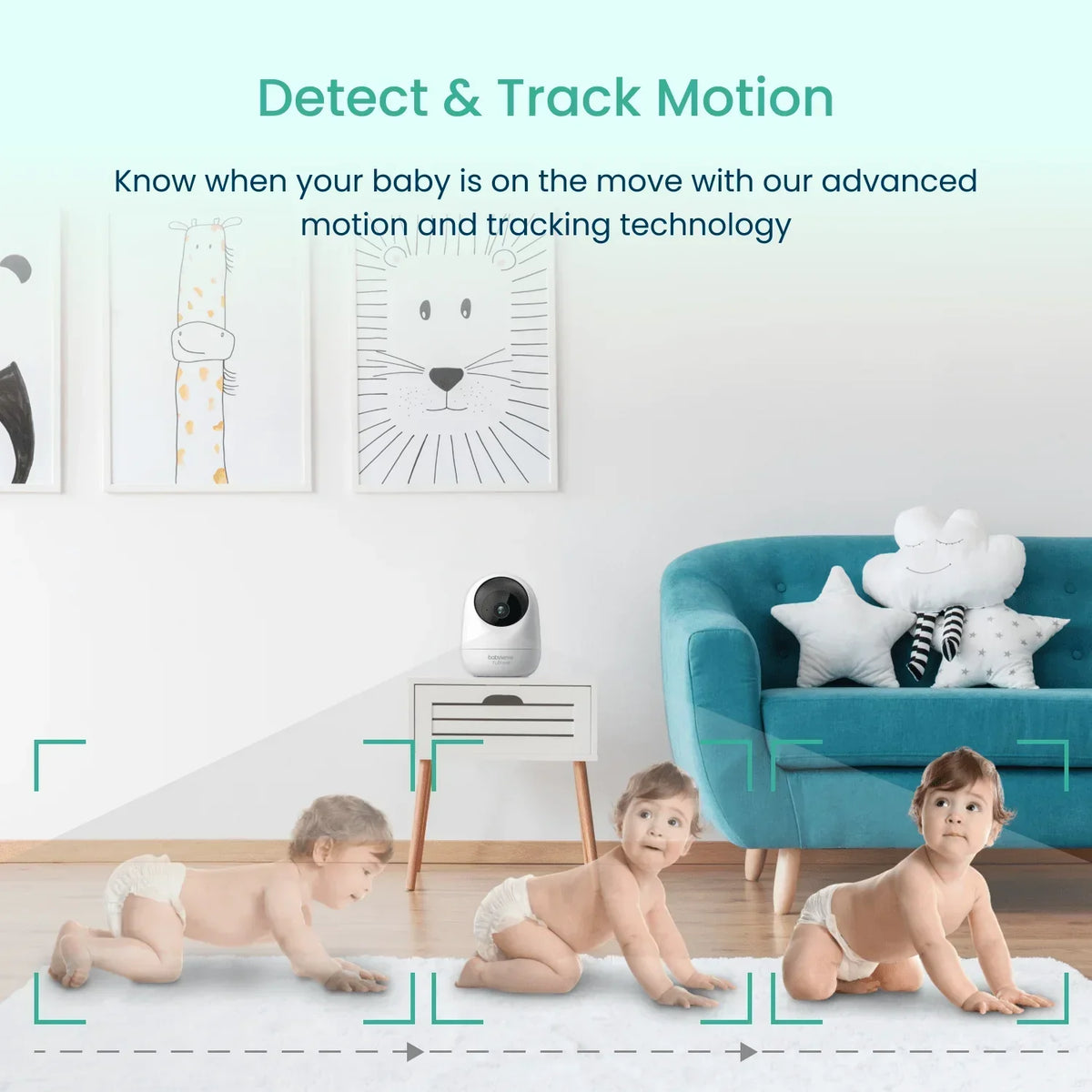 A Babysense FullPeek Smart WiFi Baby Monitor with a 3MP Super HD Camera on a white nightstand detects and tracks three babies crawling on a white rug, featuring modern living room decor