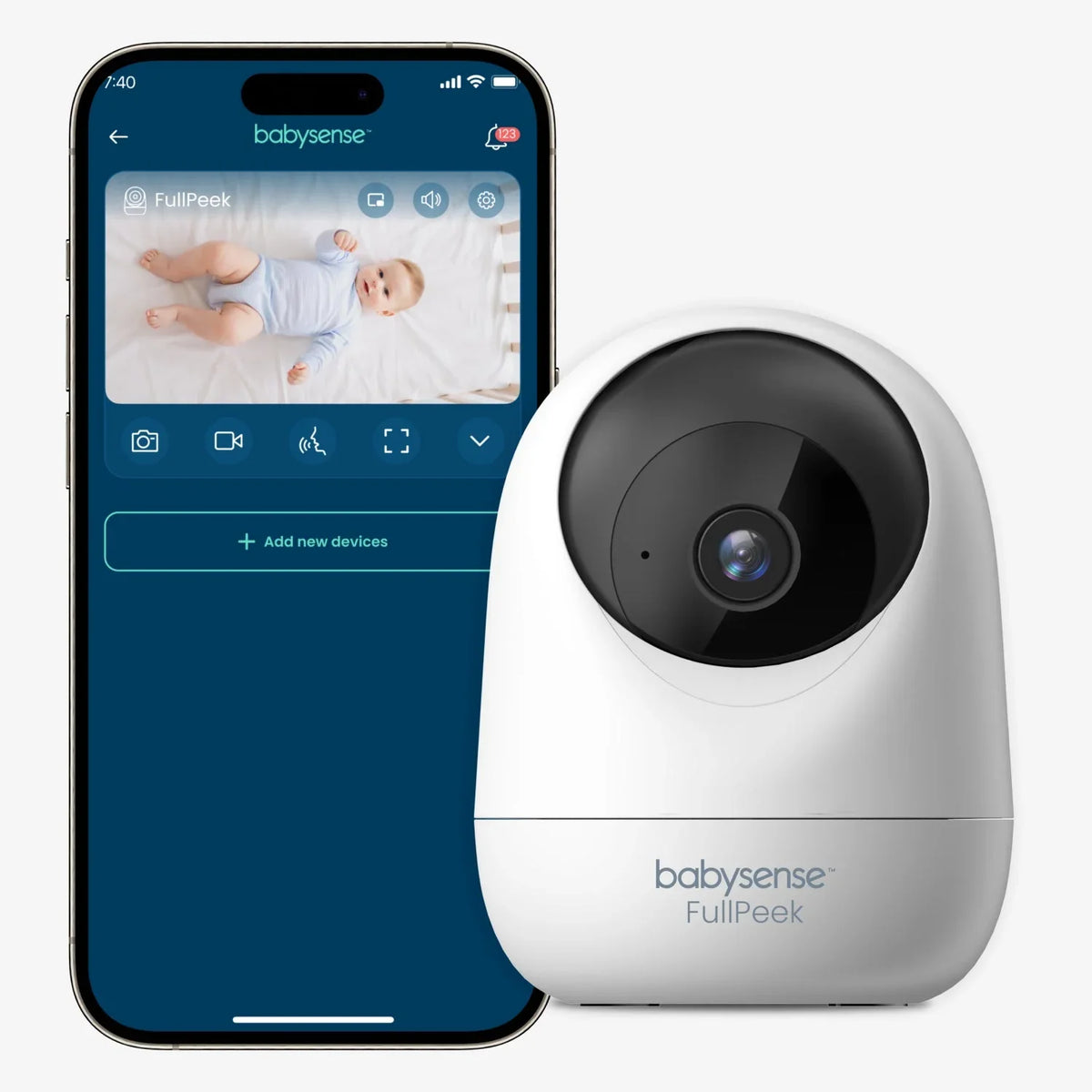 The Babysense FullPeek Smart WiFi Baby Monitor features a white 3MP Super HD camera next to an iPhone displaying a live feed of a baby in a crib, illustrating the baby wireless hd camera function for remote viewing