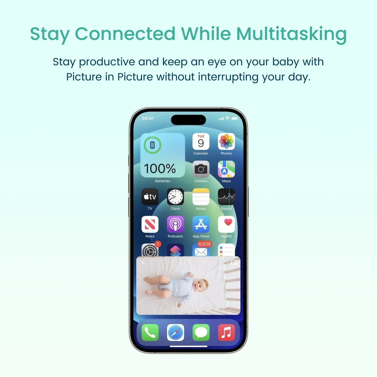 A Babysense FullPeek Smart WiFi Baby Monitor with 3MP Super HD Camera is shown on an iPhone screen, demonstrating a picture-in-picture view of a baby sleeping in a crib, allowing parents to stay connected while multitasking