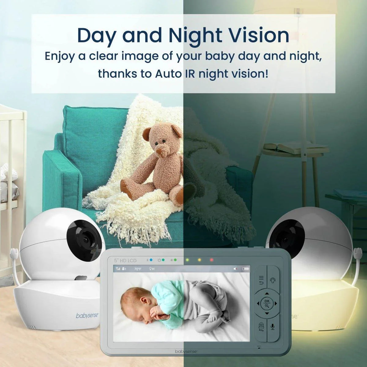 A Babysense HD S2 baby monitor with two white cameras in day and night settings, displaying a baby on its 5" HD LCD screen, highlighting its baby monitor 2 cameras split screen feature