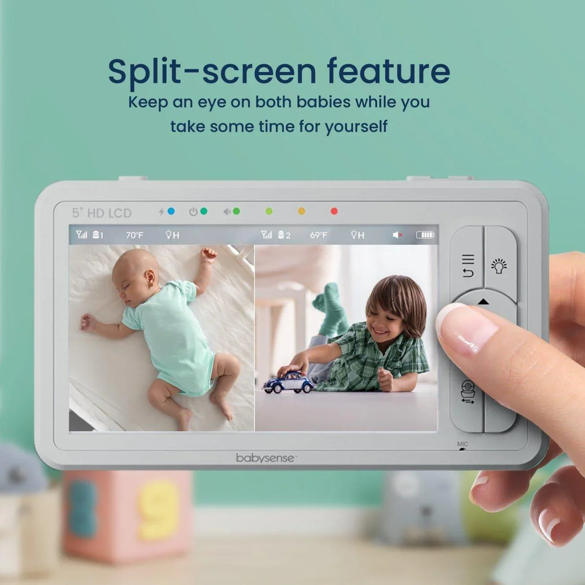 A hand holds the Babysense HD S2 video baby monitor with a 5" HD LCD screen showing a baby sleeping and a young child playing in a baby monitor two cameras split screen view