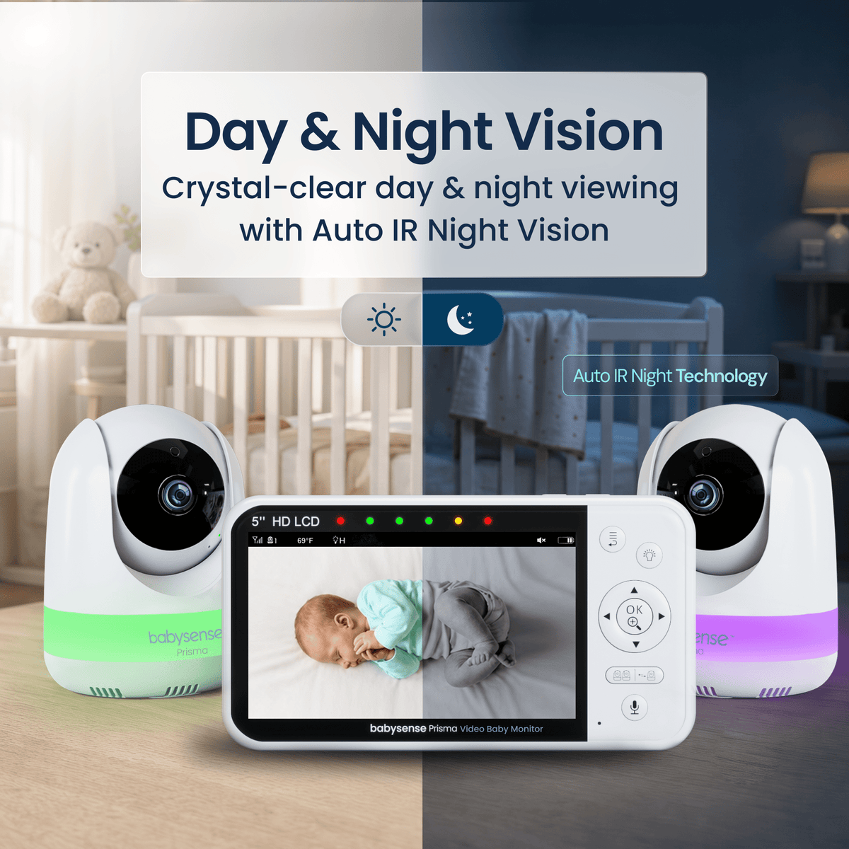 Babysense Prisma: Video Baby Monitor with 1 Camera, Non Wifi, Split Screen, Night Light & Sound Machine - Babysense