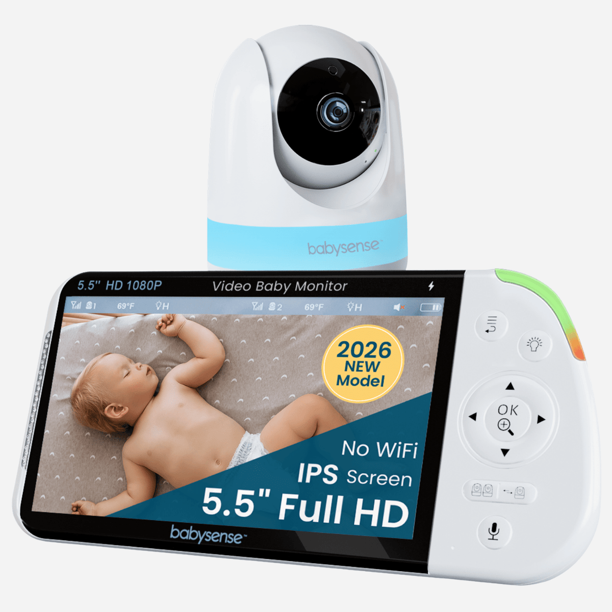 A Babysense PRO video baby monitor and a baby wireless HD camera are displayed, showing a baby asleep on the screen with text "2026 NEW Model" and "No Wifi IPS Screen 5.5" Full HD"