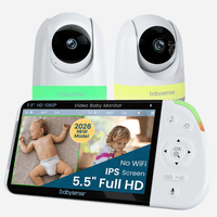 A Babysense PRO video baby monitor with two white cameras with green and yellow bases, and the monitor displaying two separate views including a sleeping baby, demonstrating split screen functionality