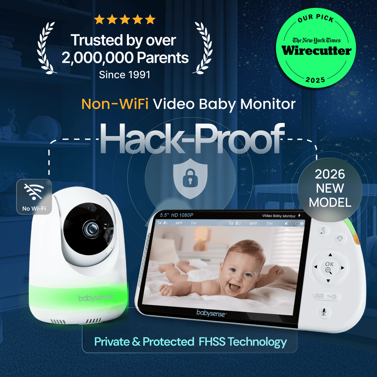 The Babysense Pro video baby monitor with three cameras, shown with a parent unit displaying a smiling baby, emphasizing its private and hack-proof FHSS technology