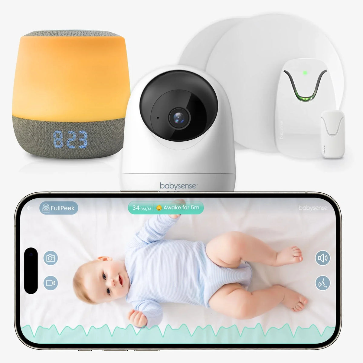 A full Babysense Safe Sleep Smart Nursery setup, featuring a smart night light and sound machine next to a white video baby monitor, with an app screen displaying a baby's live feed and vital signs