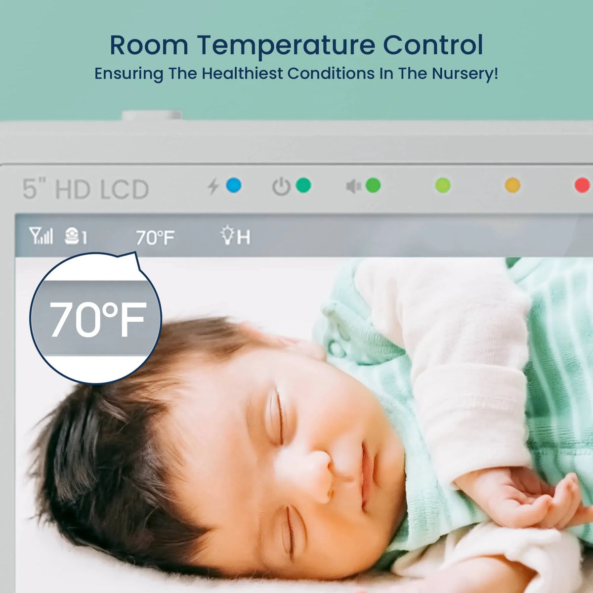 A sleeping baby, seen through an HD LCD display on a Babysense video baby monitor, showing a consistent room temperature of 70°F for optimal nursery conditions