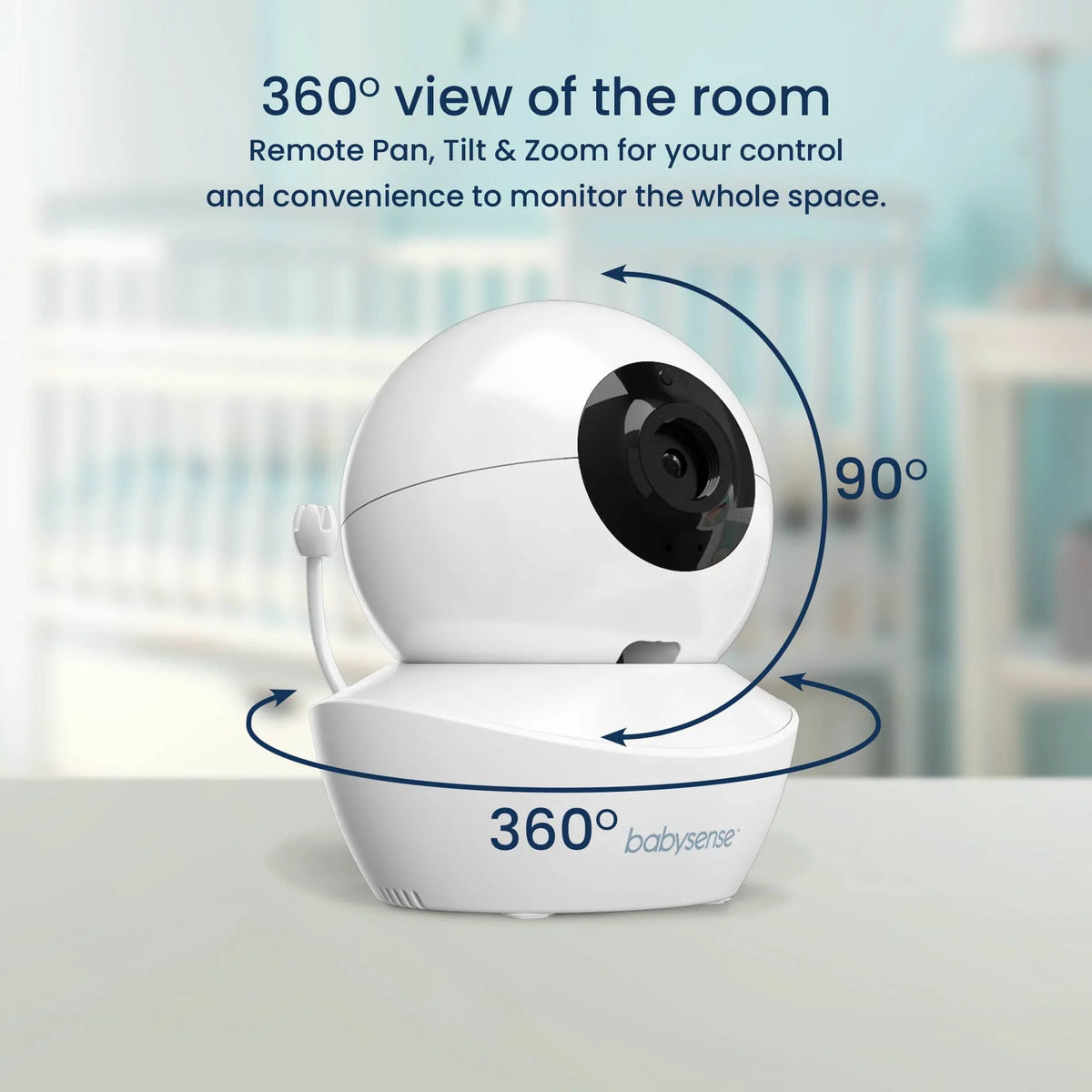 A white Babysense baby wireless hd camera with 360-degree pan and 90-degree tilt capabilities is displayed on a table in a nursery against a blurry background