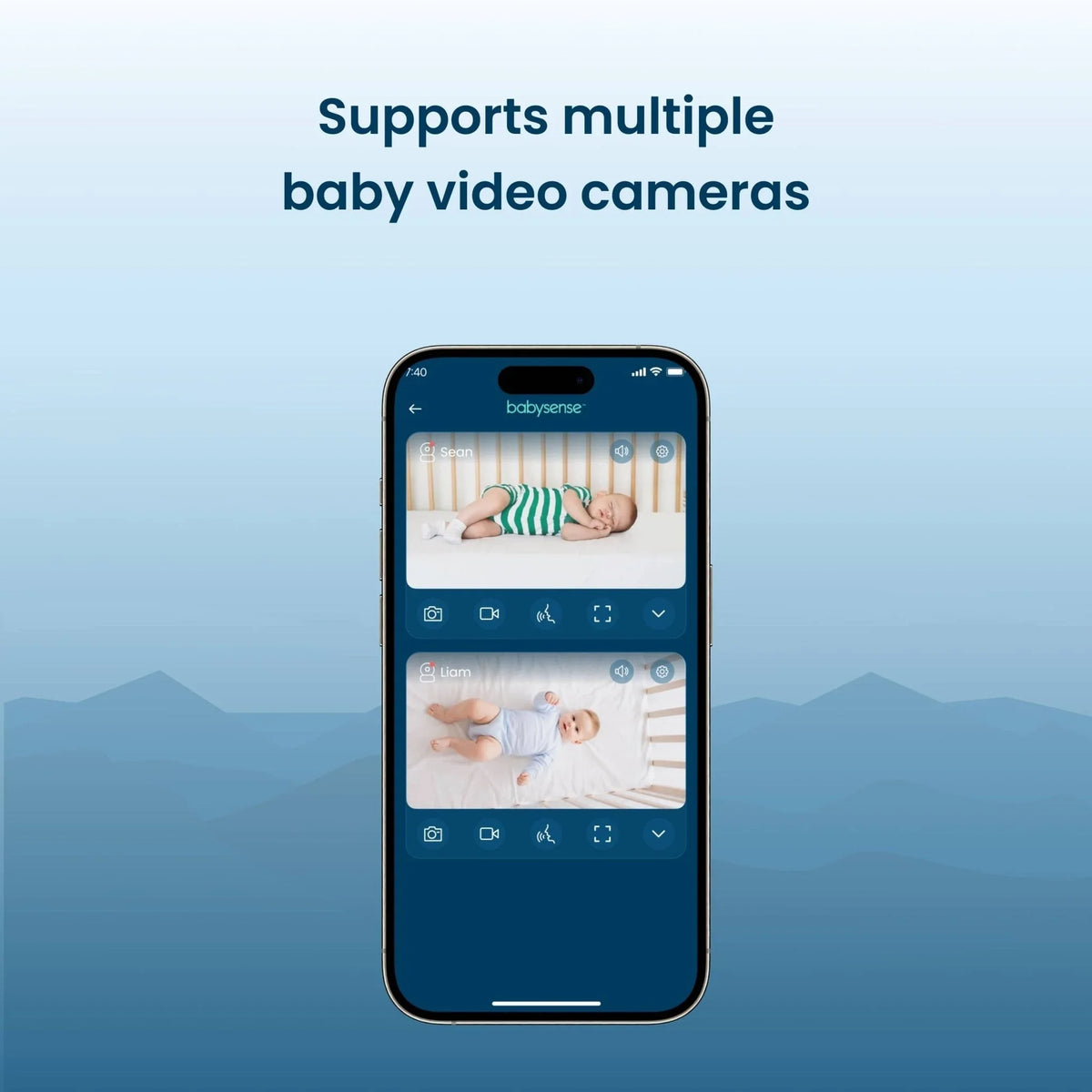 A smartphone displays the Babysense Safe Sleep Smart Nursery app, showing live feeds from two separate video baby monitor cameras in different cribs, with babies named Sean and Liam sleeping soundly