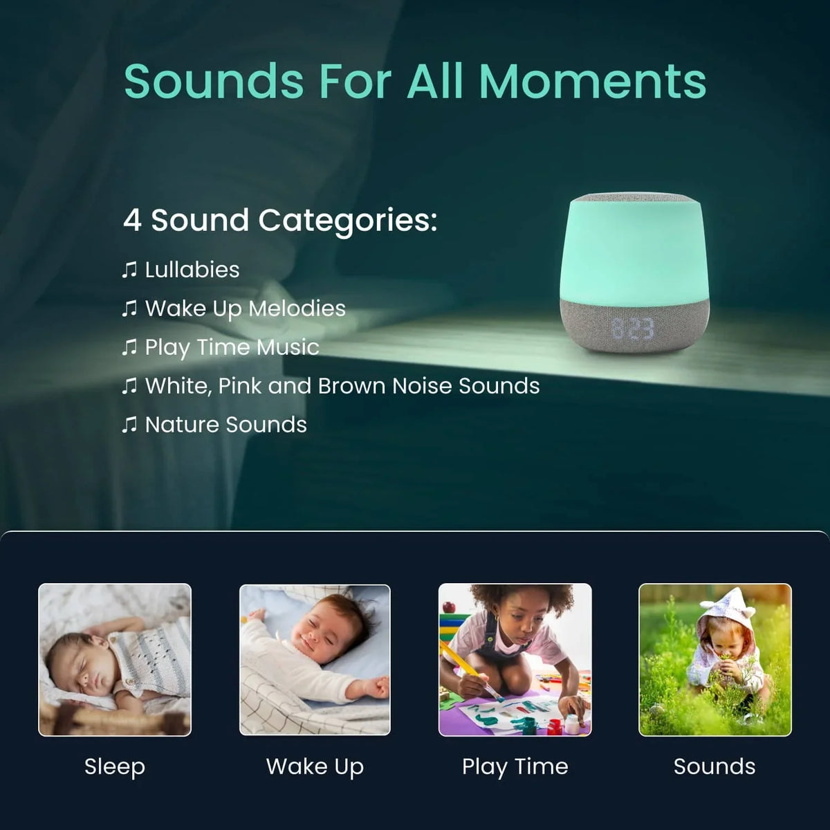 This Babysense Safe Sleep Smart Nursery device, with a glowing green top and digital time display, provides various sounds like lullabies and nature sounds for baby sleep, wake-up, and playtime