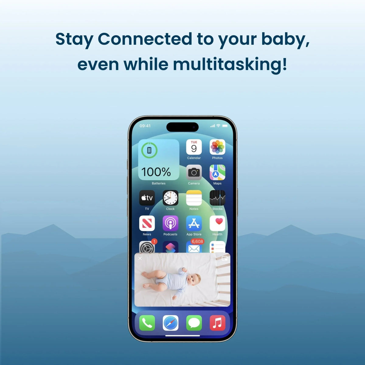 A Babysense Safe Sleep Smart Nursery video baby monitor streams a live feed of a baby sleeping in a crib to an iPhone display, demonstrating how it functions as a smart nursery