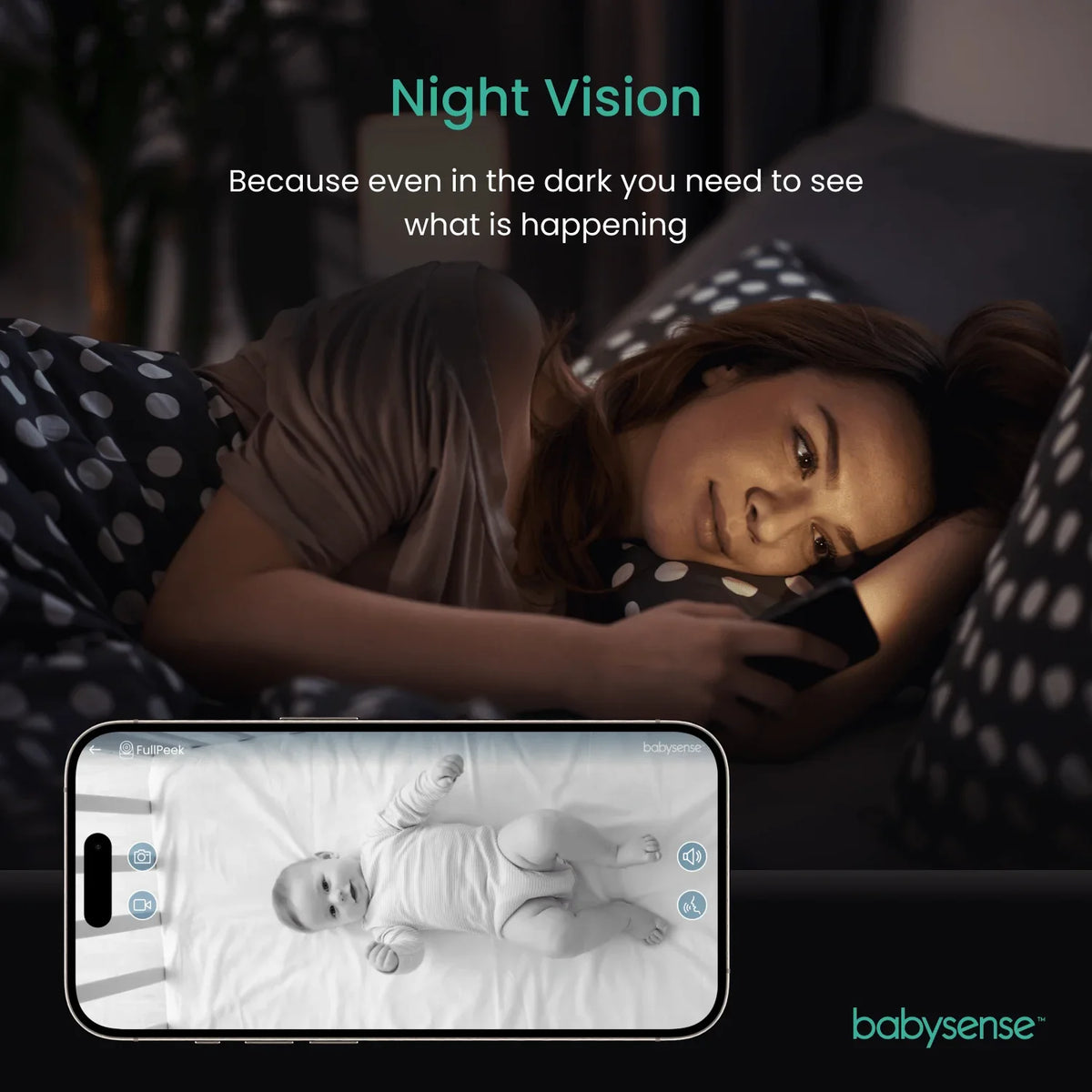A woman relaxes in bed at night, monitoring her baby in a crib through the Babysense app on her phone, displaying the baby monitor with night vision feature clearly
