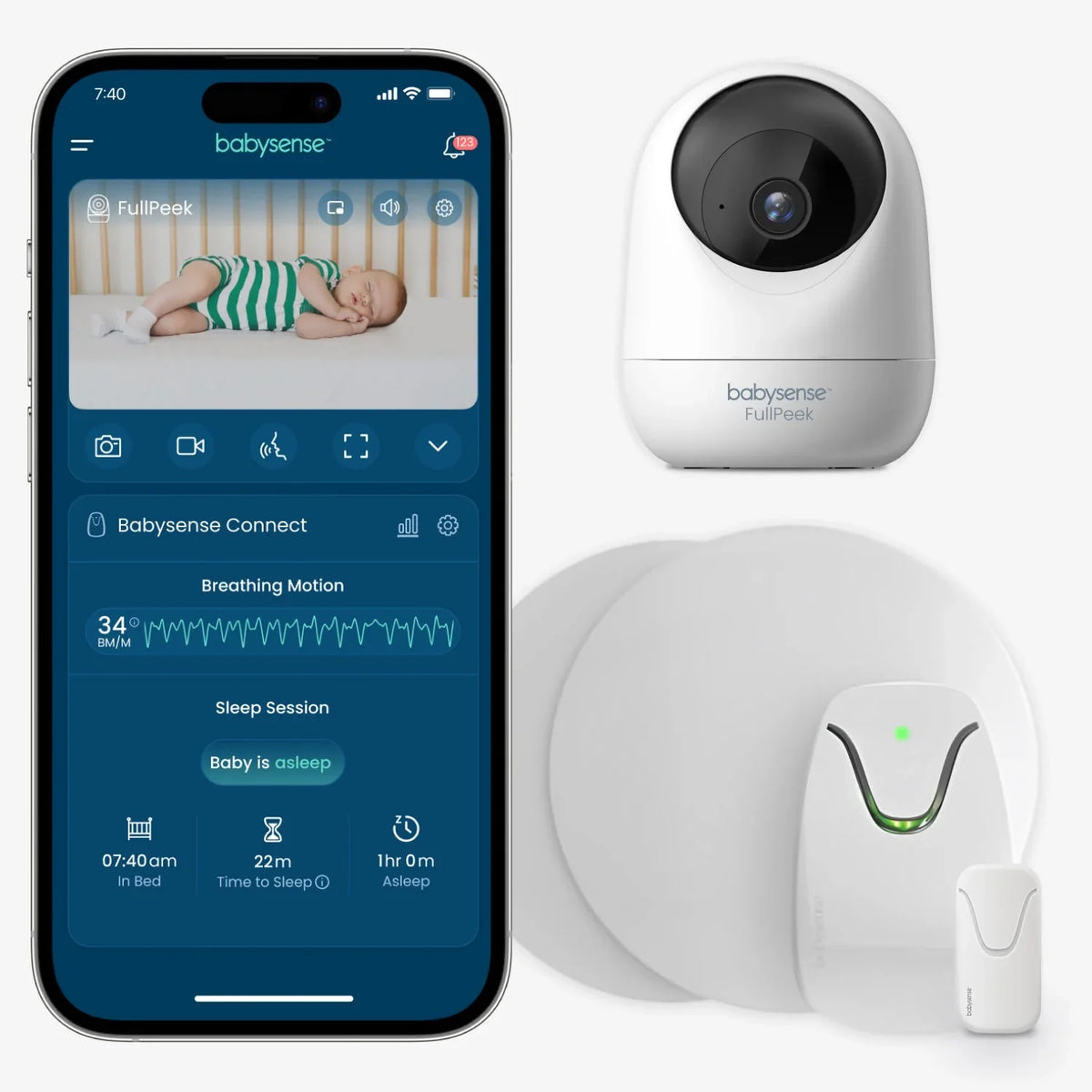 The Babysense Total Sleep & Monitoring Solution features an iPhone displaying the app with a sleeping baby, alongside the white Babysense FullPeek baby wireless HD camera and a breathing motion tracking device
