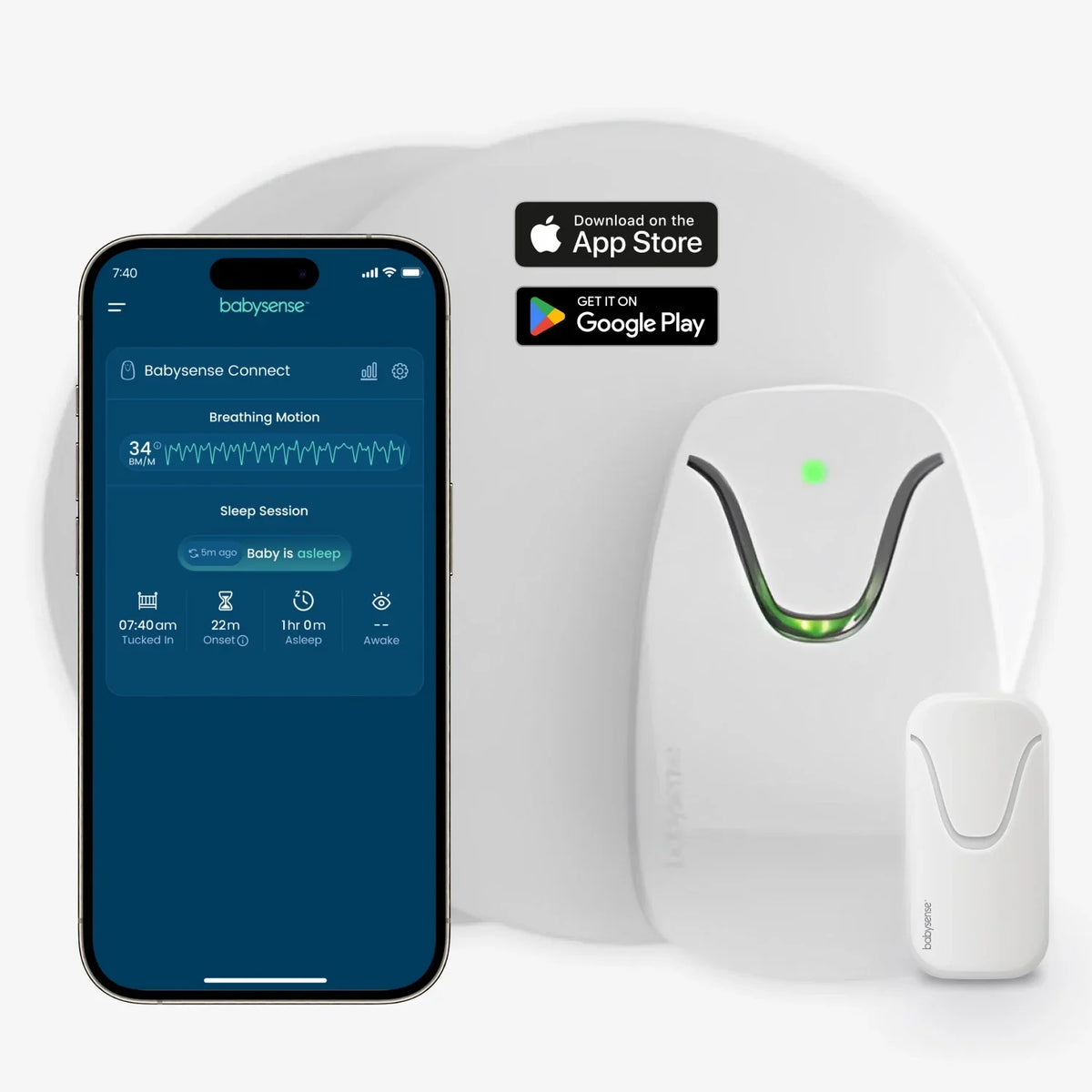 A white Babysense device and an app on a smartphone display breathing motion data, showcasing a comprehensive baby wireless hd camera and monitoring solution