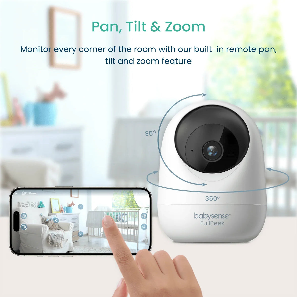 A white Babysense FullPeek baby wireless HD camera offers 350-degree pan and 95-degree tilt, controlled via a smartphone app displaying a nursery room view