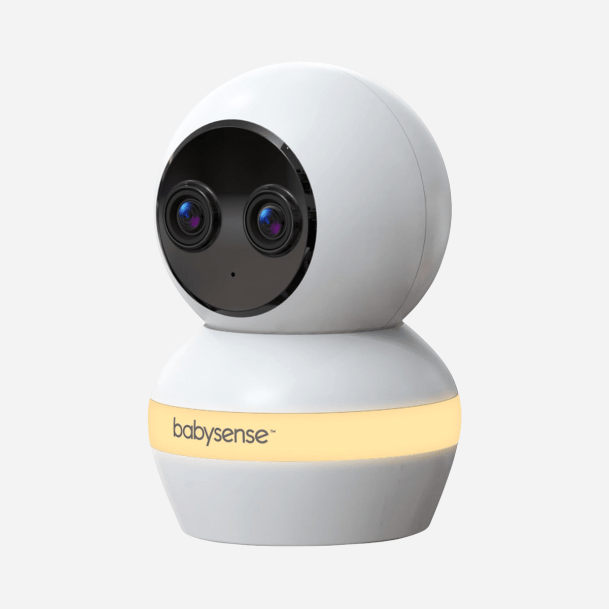 A white Babysense TOUCH Add-On Camera Unit, designed as a baby monitor with night camera, features a round top with dual lenses and a glowing orange base displaying the "babysense" logo on a light gray background