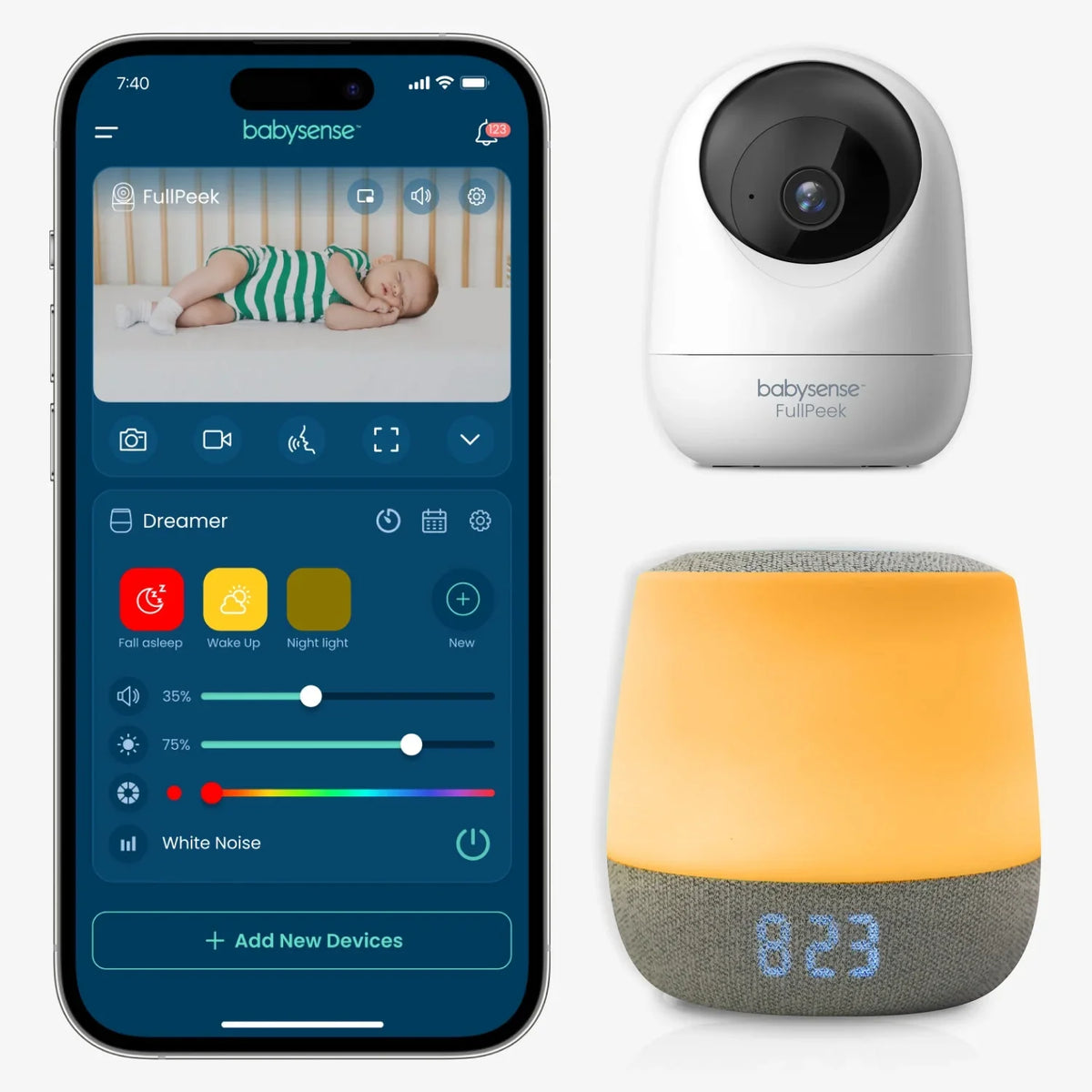 An iPhone displays the Babysense app controlling a FullPeek wifi baby monitor showing a sleeping baby, alongside the white Babysense camera and a Dreamer 2.0 night light