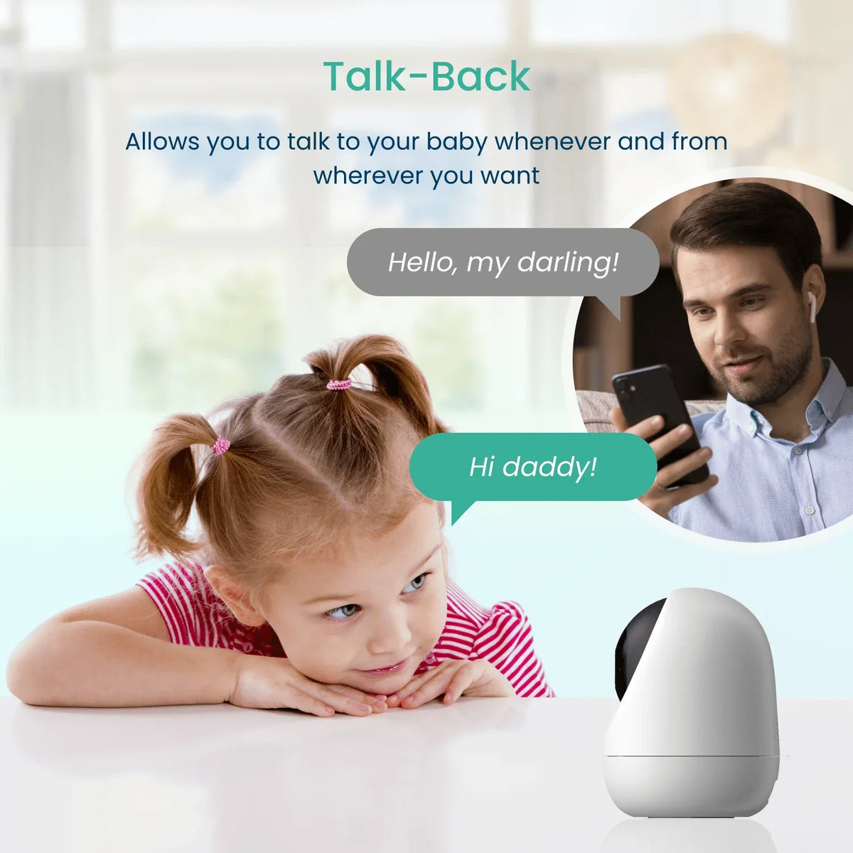 A little girl with pigtails listens intently as her dad talks to her through the white Babysense FullPeek 3MP HD WiFi baby monitor, using the talk-back feature on his phone