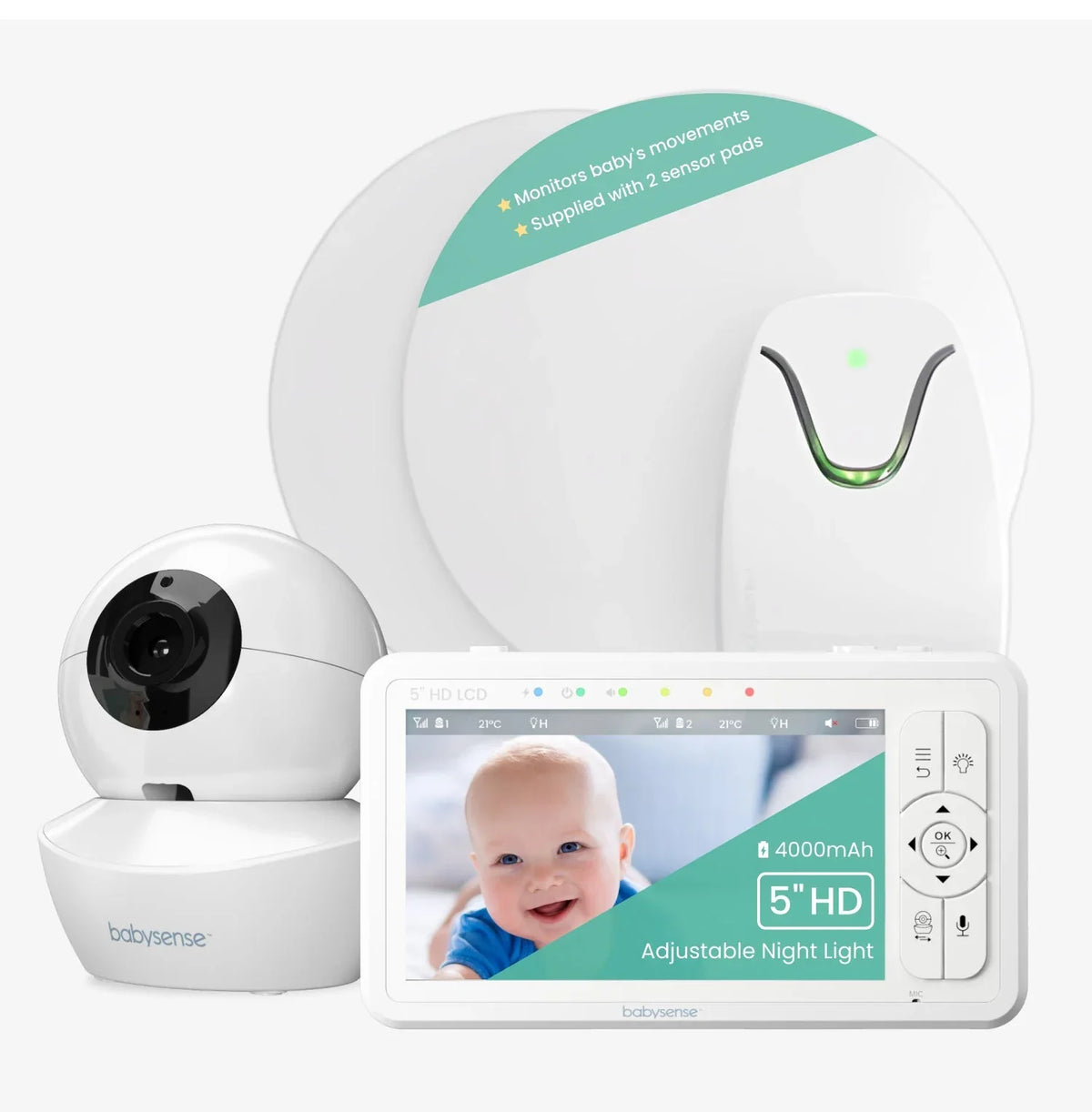 A white Babysense True Sleep video baby monitor and camera are displayed with two sensor pads and a screen showing a smiling baby, featuring movement detection
