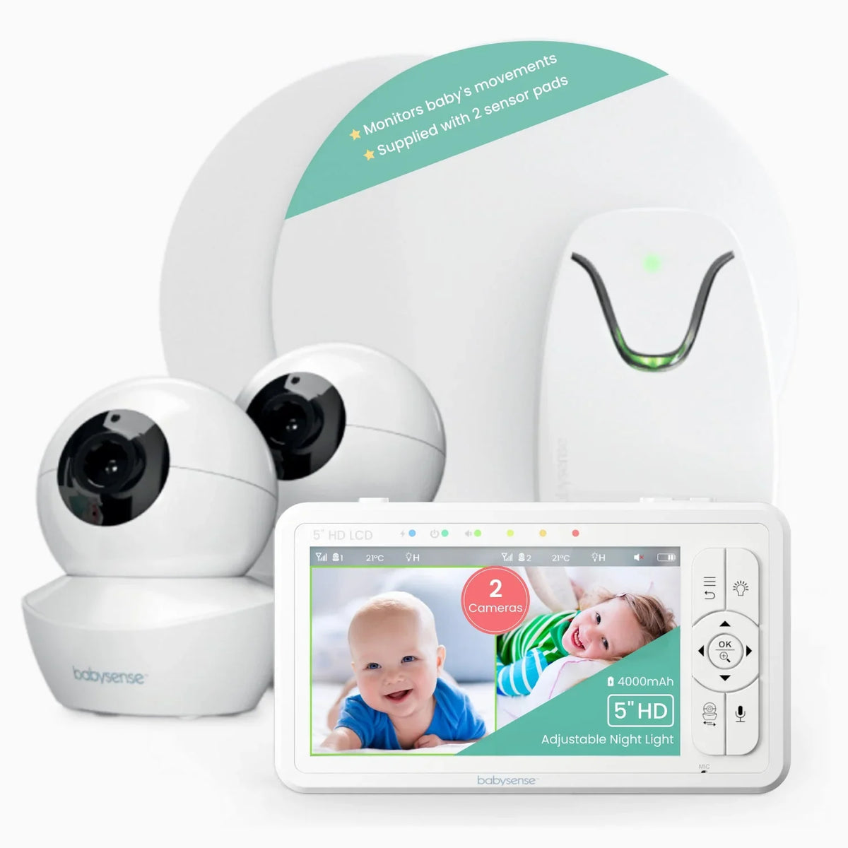The Babysense True Sleep video baby monitor showcases two white cameras, a parent unit with a 5" HD screen displaying two smiling babies, and a motion sensor unit, emphasizing its safety features