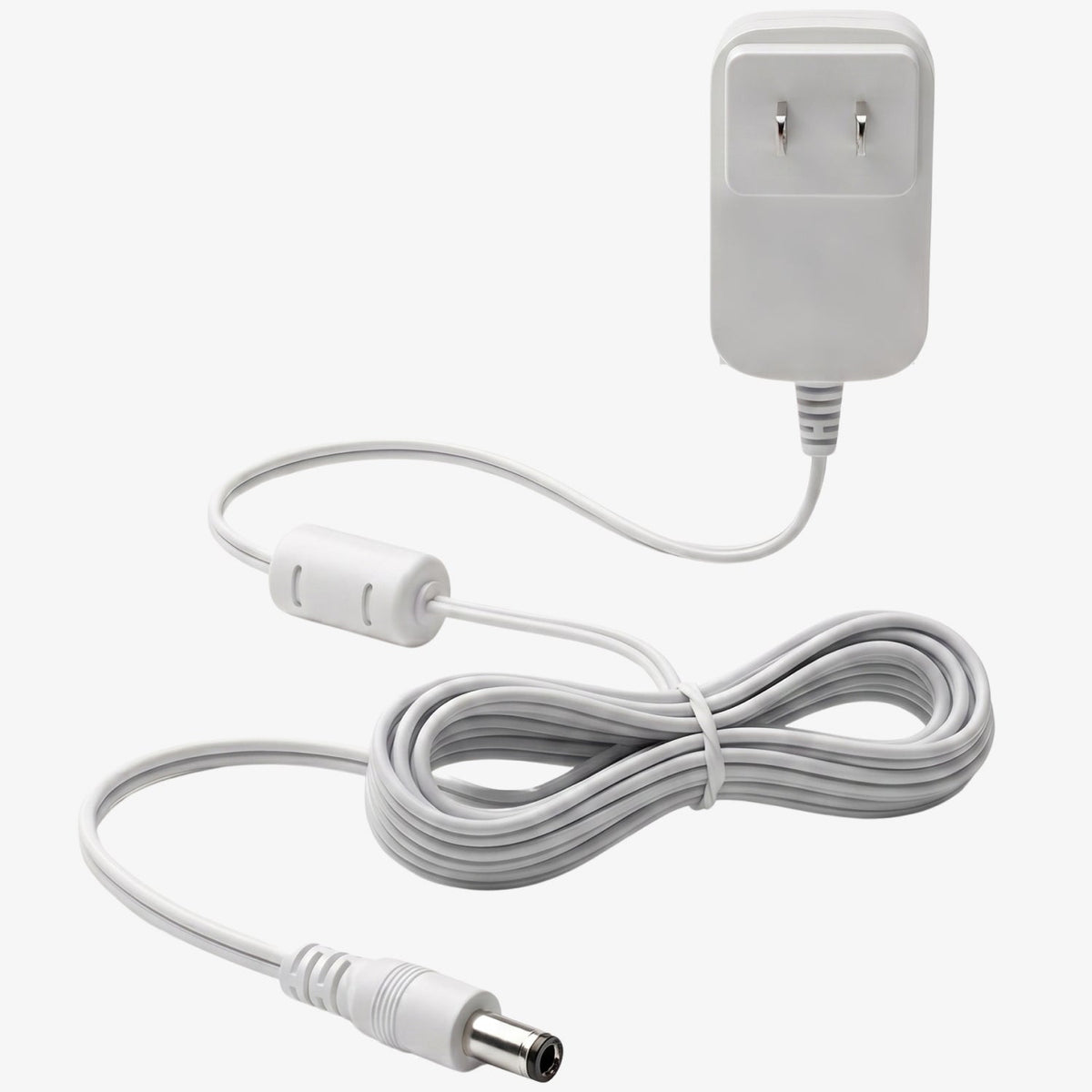 A white power adapter for the Babysense Video Baby Monitor HD S2 is shown with its cord wrapped neatly and the DC barrel plug visible