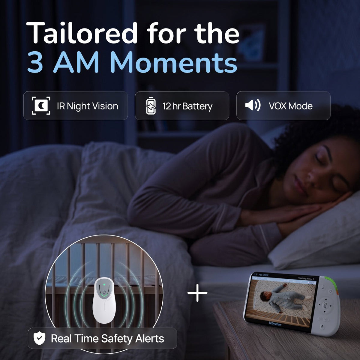 A sleeping woman in bed next to a nightstand with a white Babysense hd baby monitor displaying a baby in a crib, featuring an inset of a crib sensor with real-time safety alerts