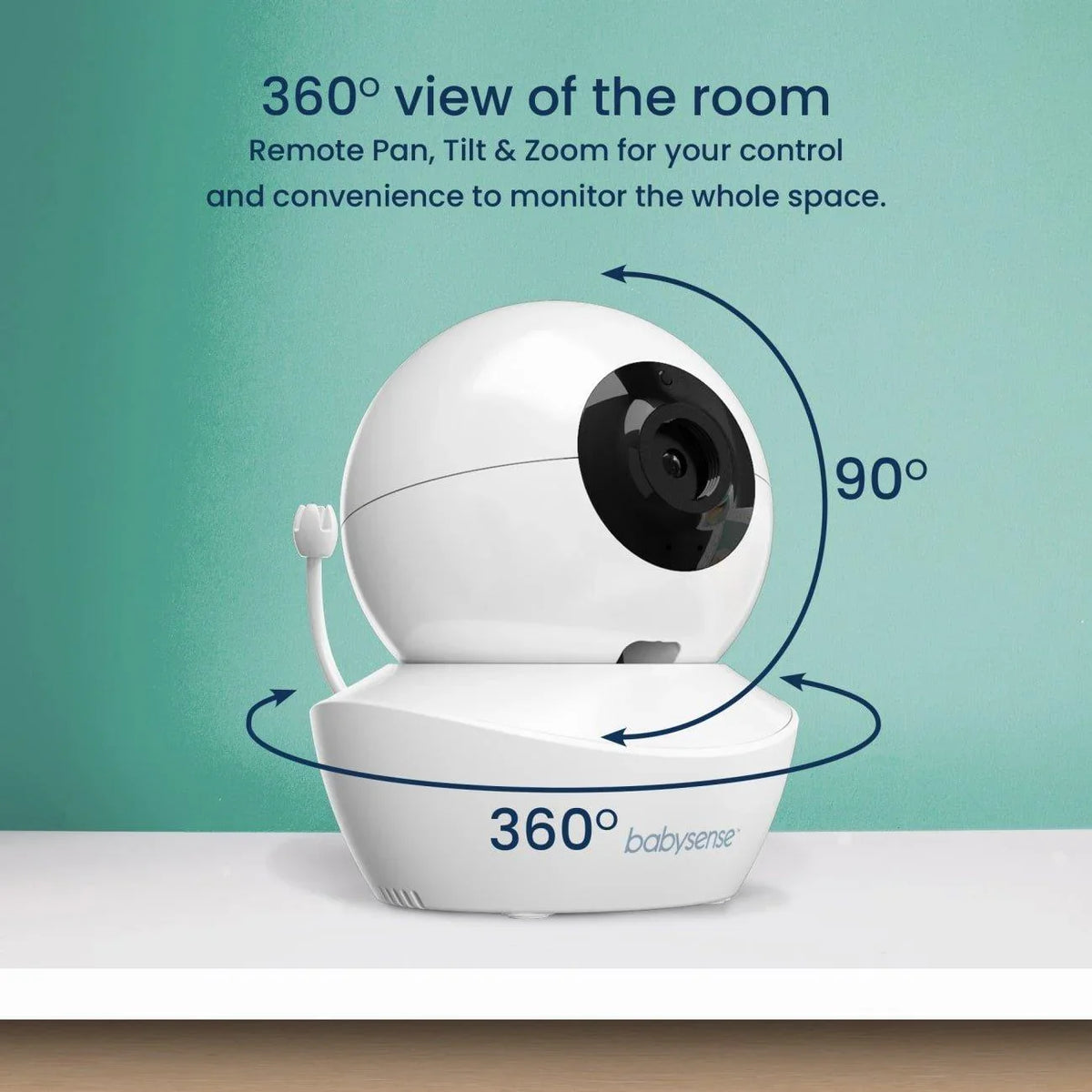 A white Add-On Camera for Video Baby Monitor V43, offering a 360° pan and 90° tilt view to remotely monitor the whole space, is a versatile baby wireless HD camera