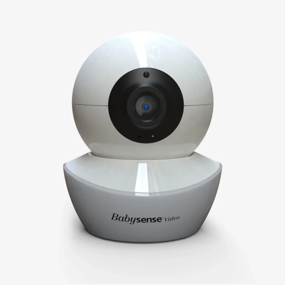Babysense Add-On V43 video baby monitor shown from the front on a white background, featuring a white spherical camera body on a rounded base with a black lens housing, ideal for a baby wireless hd camera setup