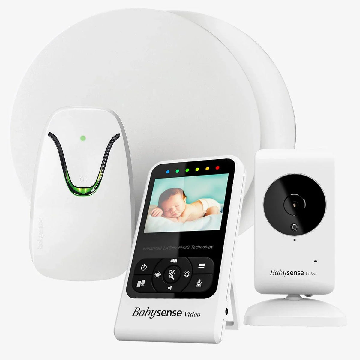Babysense 7 and V24R non-WiFi baby monitor bundle with 2 under-mattress sensor pads, 2.4-inch parent unit, and nursery camera in white