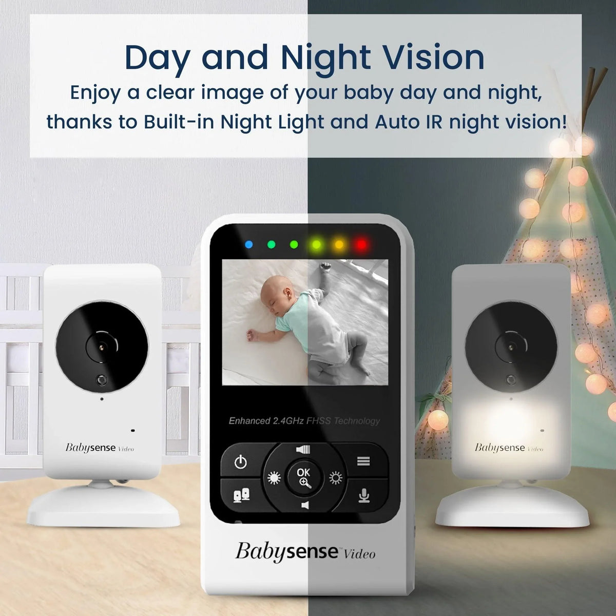 The white Babysense 7 & V24 video baby monitor set features a split screen display of a sleeping baby in day and night vision, highlighting its built-in night light and auto-IR capabilities