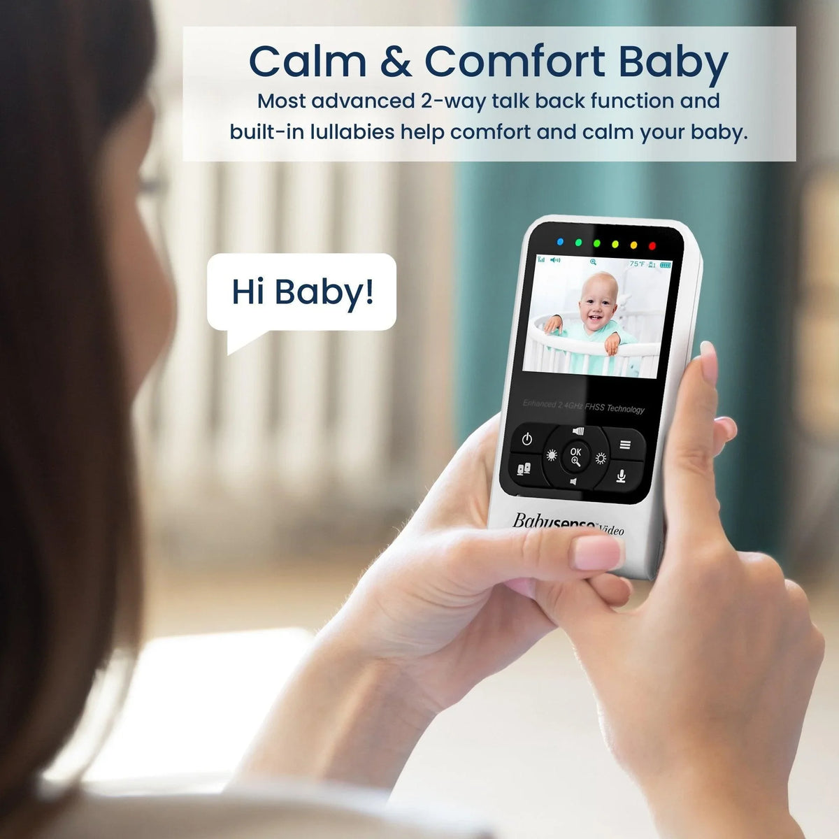 A woman holds the Babysense 7 & V24 video baby monitor, showing a happy baby on screen, highlighting the enhanced 2-way talk back function with lullabies