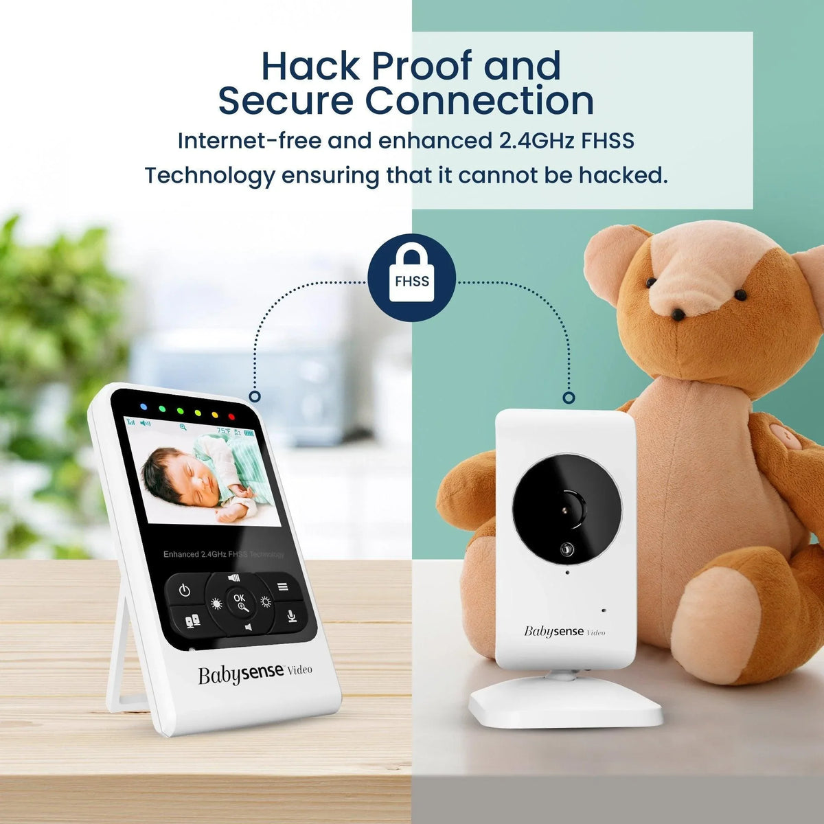 This Babysense video baby monitor features a parent unit displaying a sleeping baby, with a camera unit next to a teddy bear, illustrating its hack proof and secure connection