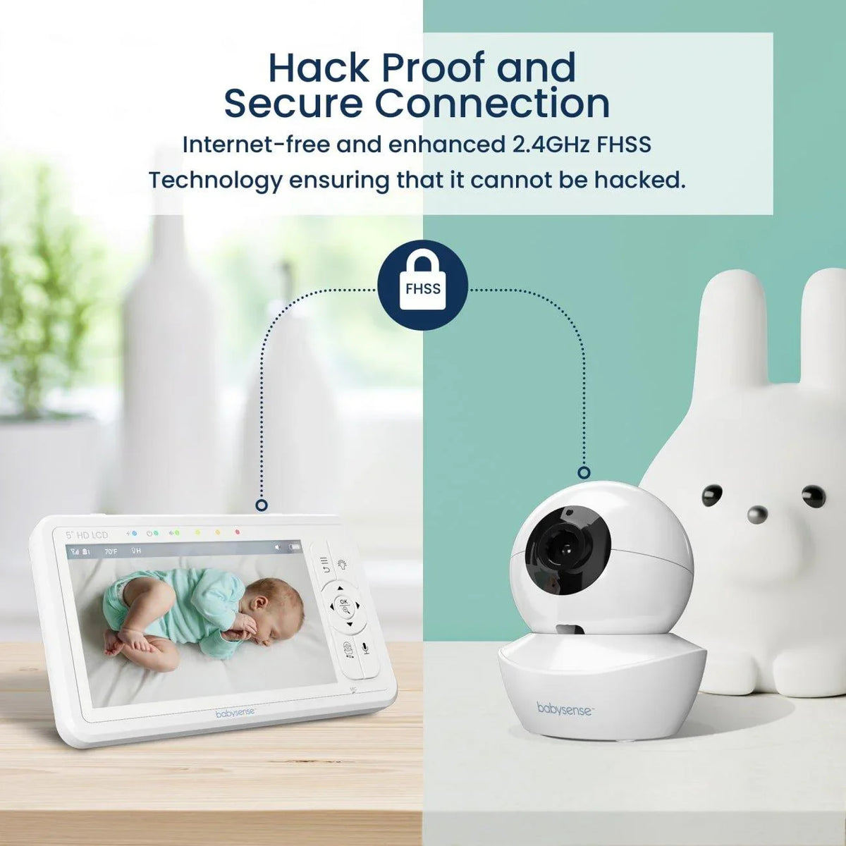 This Babysense video baby monitor ensures a hack-proof and secure connection using enhanced 2.4GHz FHSS Technology, with a sleeping baby visible on its portable LCD screen