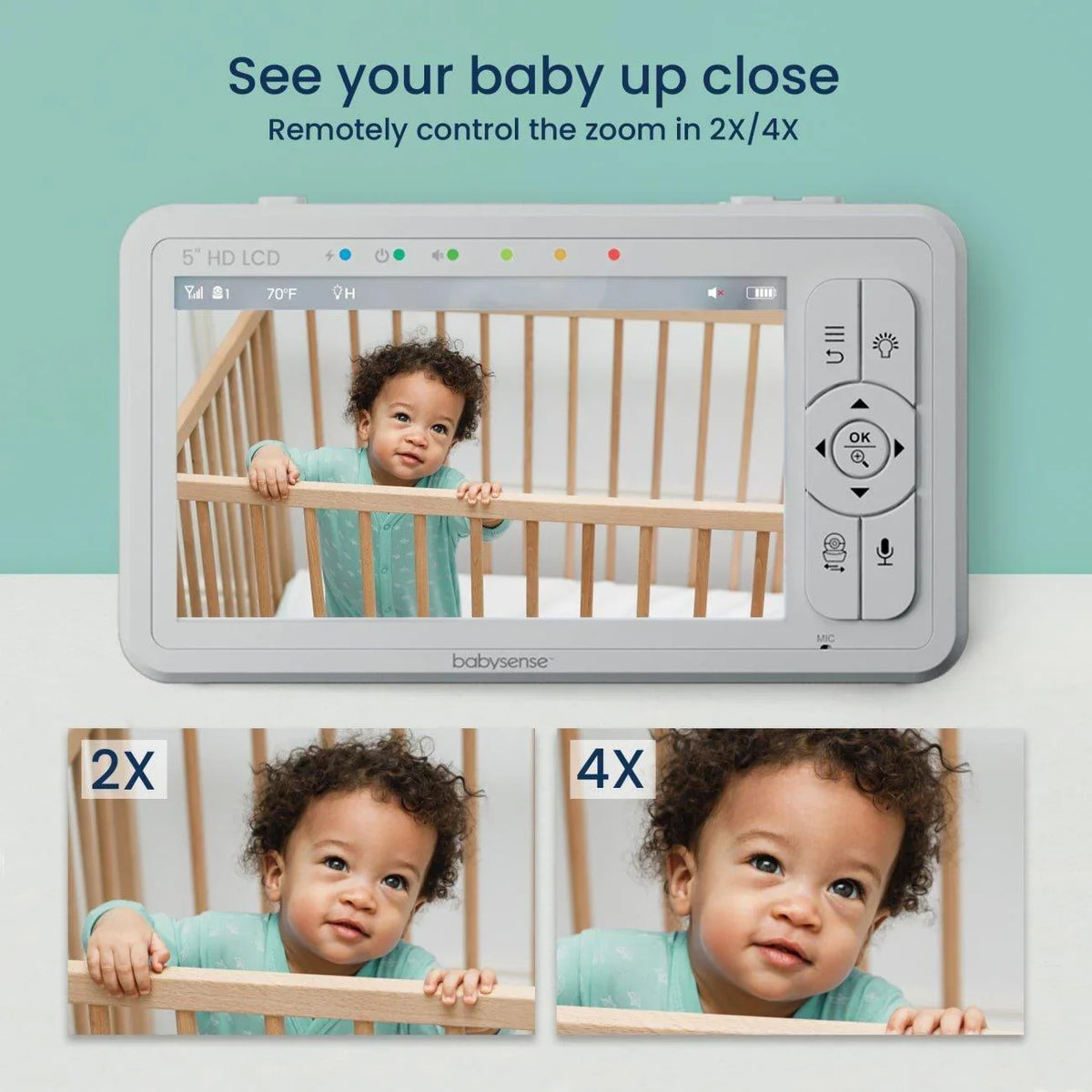 A cute baby in a crib appears on the screen of a white Babysense video baby monitor, with zoomed-in views below showing 2X and 4X magnification