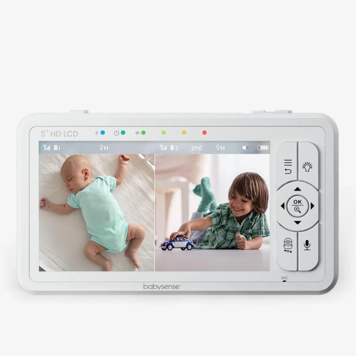 The white Babysense Parent Unit for 5" Split-Screen Video Baby Monitor HD S2 displays a sleeping baby and a child playing with a toy car