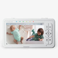 The white Babysense Parent Unit for 5" Split-Screen Video Baby Monitor HD S2 displays a sleeping baby and a child playing with a toy car