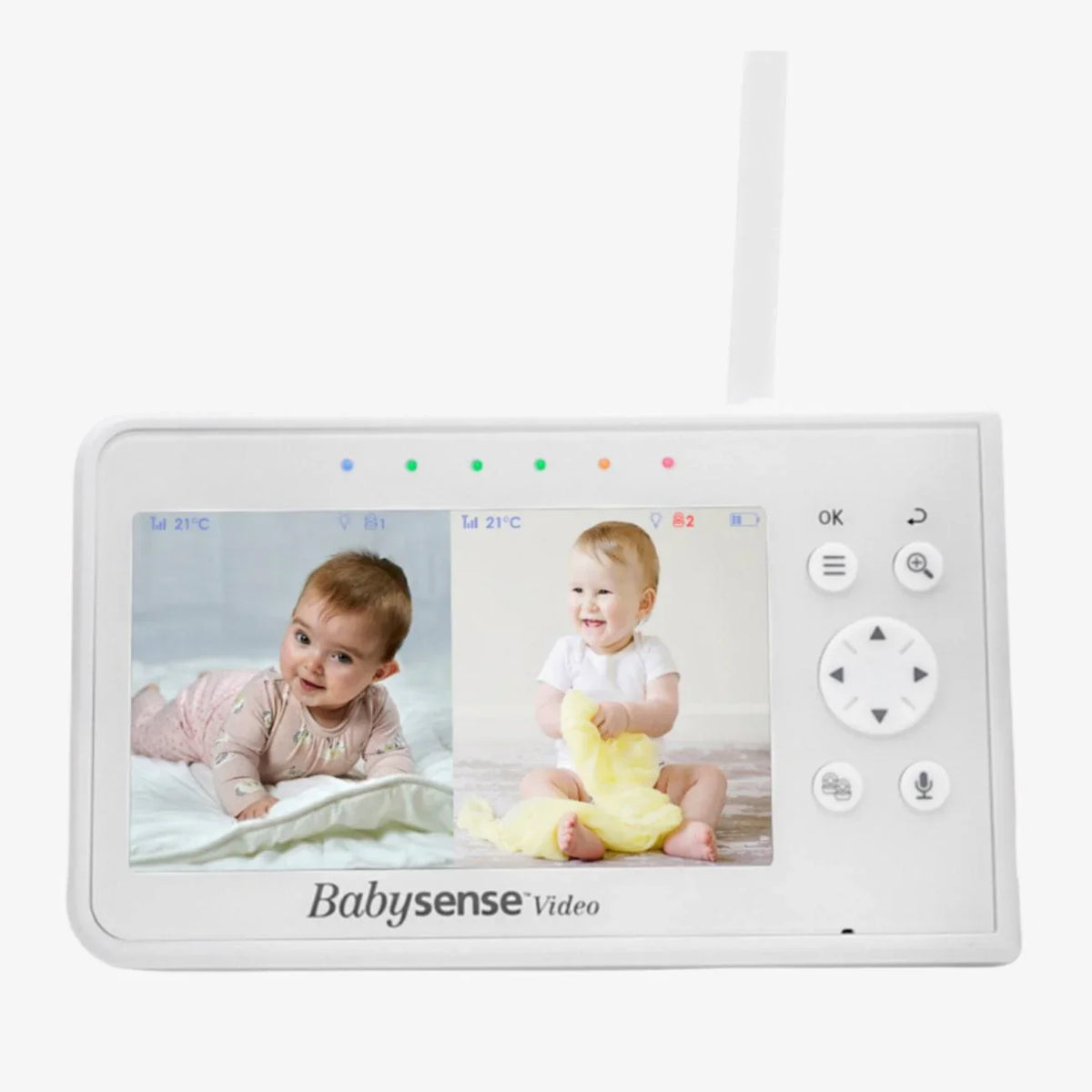 A white Babysense V43 video baby monitor parent unit displays a split screen with two babies, one crawling and one sitting, with an antenna extended