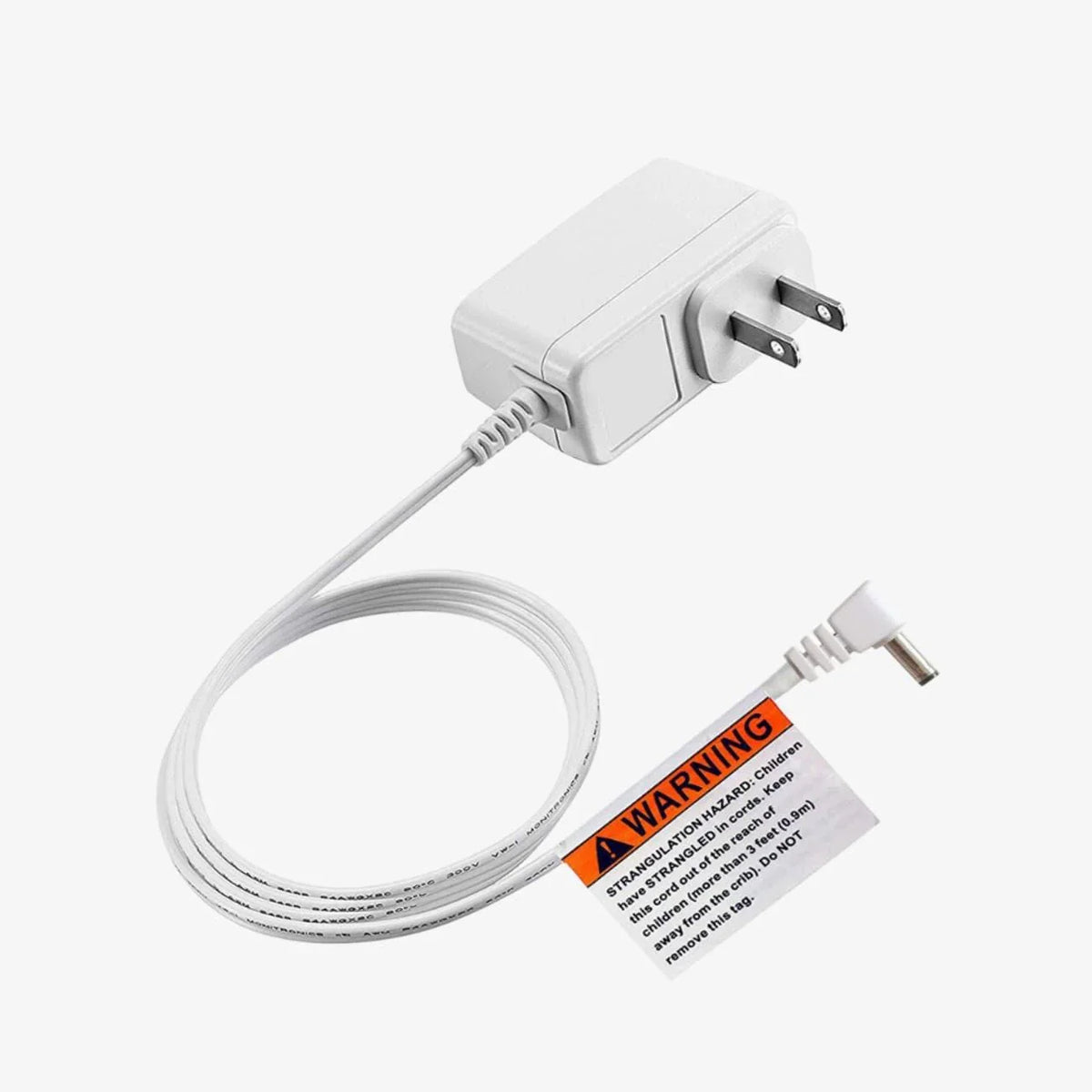 A white power adapter for Babysense V43 and V24R video baby monitors is shown coiled on a white background with a visible strangulation hazard warning label