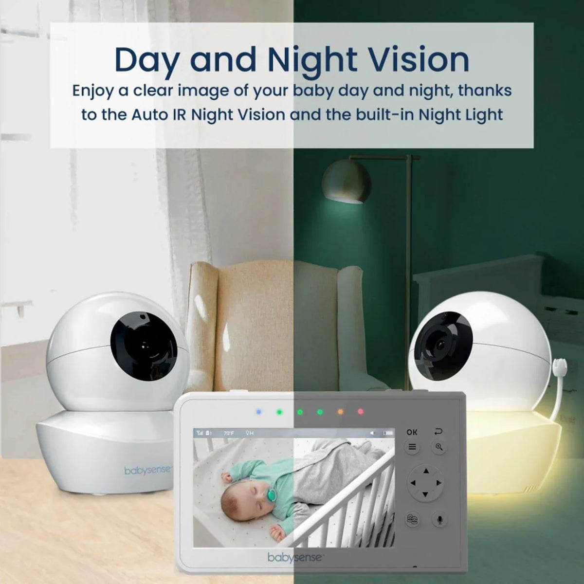 A split image shows two Babysense V43 baby monitors, one in a brightly lit room for day vision and the other with a night light on for night vision, displaying a sleeping baby on the screen, emphasizing the device's ability to provide a clear image of your baby day and night with its built-in features, and offering a baby monitor with 2 cameras