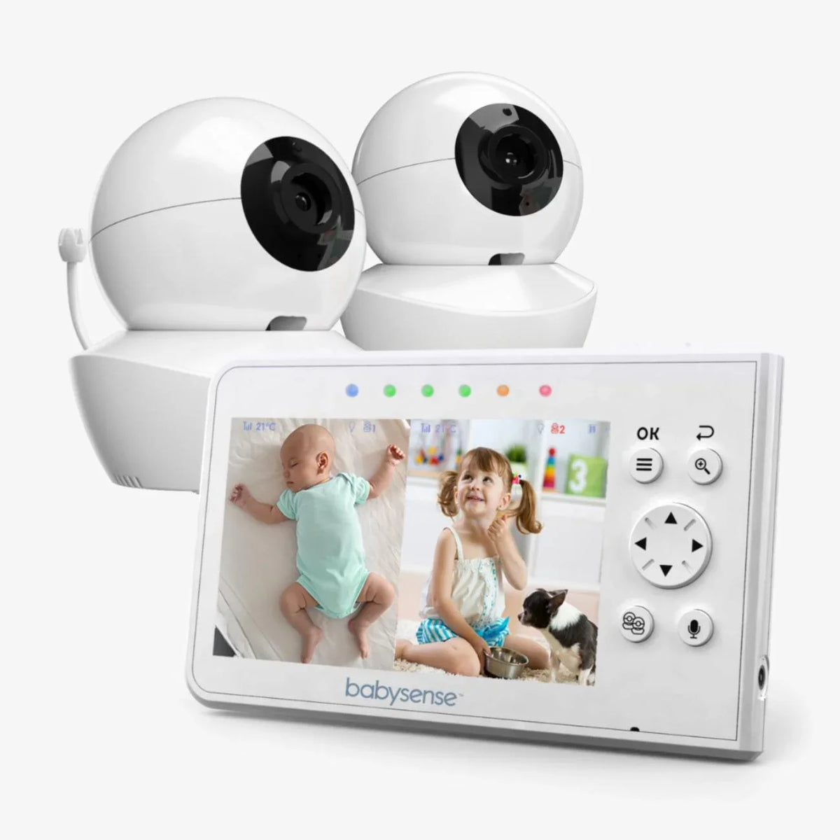 The Babysense V43 video baby monitor displays a sleeping infant and a toddler with a small dog on its white screen, alongside two glossy white baby monitor with 2 cameras