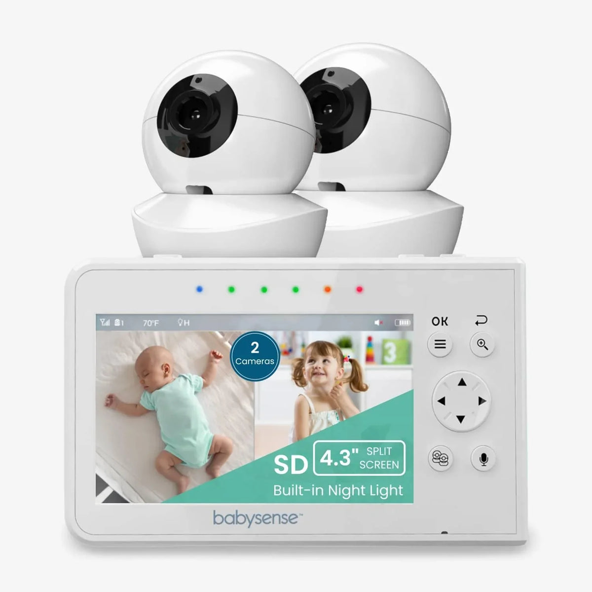 The Babysense V43 video monitor features two white dome-shaped cameras and a portable screen showing a sleeping baby and a child, clearly illustrating the split-screen function for a baby monitor with 2 cameras